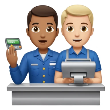 Supermarket employee at a cash register, full body, serving a man surprised sticker