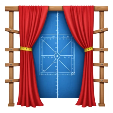 A blueprint unfolding beneath a red curtain, with a wooden beam and measuring tape crossing over it — a fusion of structure, story, and vision. sticker