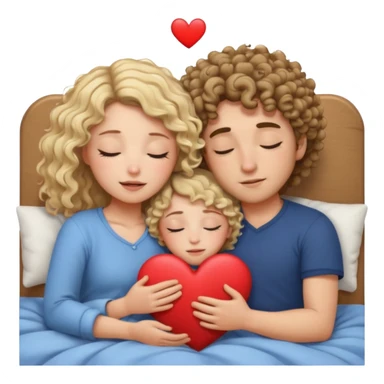 cuddling in bed, asleep. wavy haired blonde girl. curly haired brunette man. eyes closed. heart between them. no headboard sticker