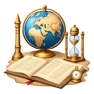 An icon featuring ancient scrolls, a quill pen, and large, old-fashioned sand clocks, symbolizing the study of history. The design includes a globe and a timeline with significant historical events, set against ruins to evoke past civilizations. Transparent background highlights the passage of time. sticker