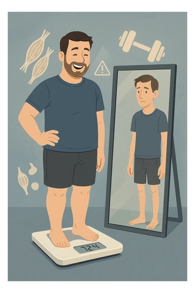 a man stands on a scale, smiling at the lower number, but his reflection in a nearby mirror shows a thinner, but also visibly weaker and less muscular body. Around him, floating icons or faded images of muscle fibers and dumbbells highlight the overlooked loss of muscle mass. The mood is cautionary and educational. in italiano sticker