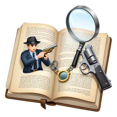 Icon for Action & Crime Reading: an open book with action-packed scenes on the pages, including detectives, chase scenes, and suspenseful moments. Add a gun, handcuffs, and a magnifying glass, while keeping the book as the main focus. Transparent background. sticker