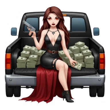 Lilith red eye seductress evil long brown haired sexy succubus woman with leather long dress with slit on, sitting in Big Large F350 pickup truck. Back seat full of stacks of cash, she is  Holding a human skull of her enemies and a gun in other hand sticker