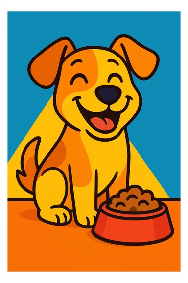 smiling dog with food bowl, vibrant toon style, charming and cute, friendly expression sticker