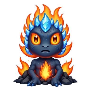 a mystical fast lava creature without arms with molten lava on its head and some rocky shoulders, fire crystals, blue flames, fire legs, no background sticker