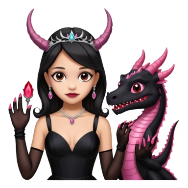 low cut back black evening gown with see-through gloves, Jenna Ortega as Addams woman prom queen wearing a mini tiara, very large blood  pink evil-looking horned old dragon companion sticker