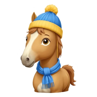 a fabulous funny winter horse in a yellow hat with a blue scarf sticker