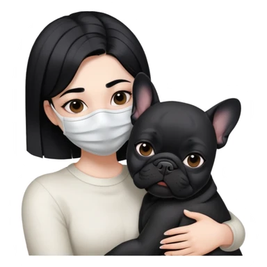 girl with short black straight hair wearing a mask and hugging a black French bulldog sticker