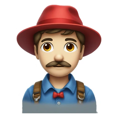 boy with a mutache and a red hat "m" is writing on the hat there is blue eyes and a big circle nose sticker