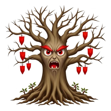 Tree with roots with red flags on the tips and angry faces hanging on the tips of the tree branches sticker