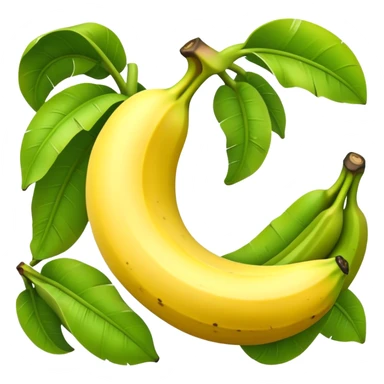 Cinematic Realistic Banana Emoji, Bright and cheerful, with a smooth, yellow peel slightly speckled with spots, revealing a soft, sweet interior. The banana is curved elegantly, standing out against the soft green leaves. Soft glowing outline, capturing the essence of tropical sweetness and energy in a ripe banana. sticker