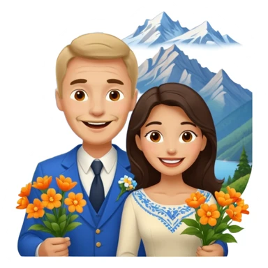Laughing Couple traveling in Montenegro russian man and elegant  Latina girl delicate flowers and mountains in the background sticker
