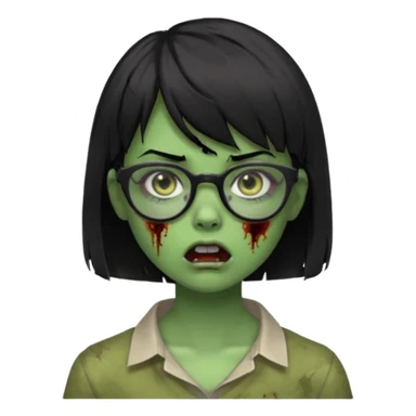 faça uma menina zumbi,da cor verde,com o cabelo curto preto até o pescoço,franja,óculos pretos,olhos escuros,boca meio aberta e alguns machucados pelo rosto sticker