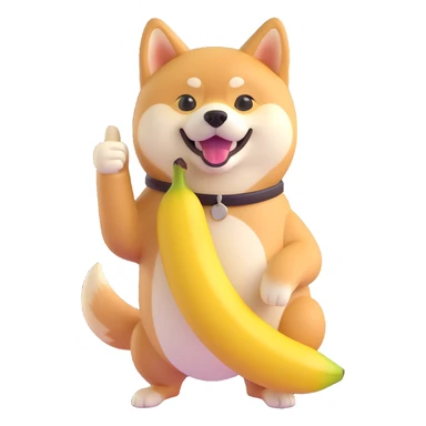 shiba inu showing thumb up and having banana sticker