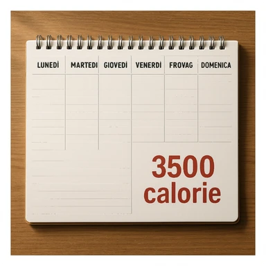Hyperrealistic top-down view of a weekly calendar in Italian, showing days from Monday to Sunday. Only Saturday and Sunday have the text '3500 calorie' large, centered, and in red below, with no red circle on Friday. 4K details, desk atmosphere. sticker