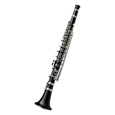 Create an emoji, representing a black standard clarinet. The design should feature a smooth, glossy black body of the clarinet with shiny, silver keys clearly visible. Highlight the intricate details of the mouthpiece and reed at the top, while the body of the instrument should remain simple and elegant. Add subtle musical notes or soundwaves floating around the instrument to symbolize its clear, melodic sound. Use black for the body, silver for the keys, and soft lighting effects to give the instrument a polished, sophisticated look. The background should be transparent. sticker