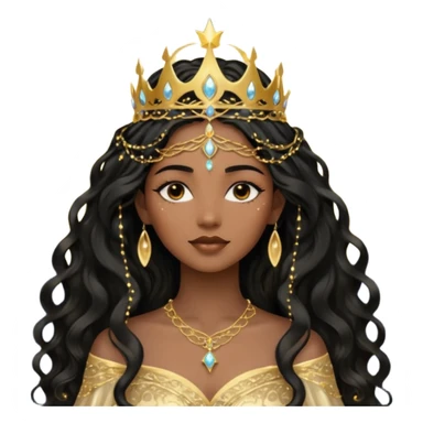 a black beautiful angel with gold pattern on her face and and long wavy black hair, she wears a ethereal crown with sparkling strings and a beautiful sparkling golden gown with moon crest in the middle of the gown, her face calm, gentle and kind, magical aura around her sticker