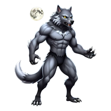cinematic-noble-fierce-werewolf-full body-emoji, poised-and-imposing, with a tall, slender, muscular frame, fur rippling in shades of midnight black and silver, eyes glowing with an intense, primal ferocity, reflecting the untamed power of the wild moonlit night; rendered with realism sticker