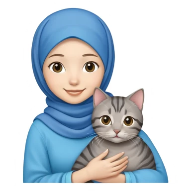 Asian white girl wearing blue hijab holding a black grey tabby cat with smiling sticker