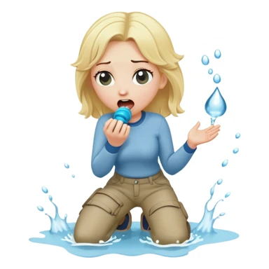 blond woman kneeling, shocked, playful cartoon stick with D-shaped knob and exaggerated features coming from trousers in front of her face, water jet into her mouth sticker