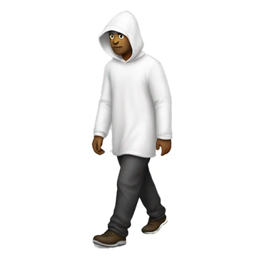 A man walks with a white hood sticker