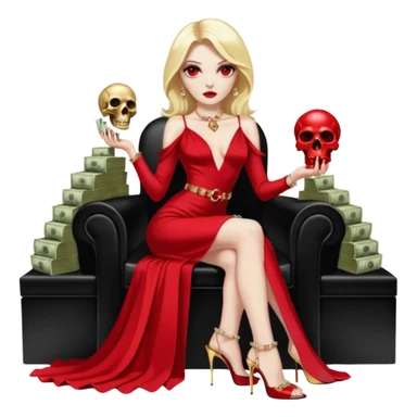 Lilith symbol red eye seductress evil shoulder length blonde haired sexy succubus woman with Gucci  long dress with slit, sitting on of gold and diamonds. Black Platform high heels on feet. seat full of stacks of cash,  dead human skull of her enemies in her other hand sticker