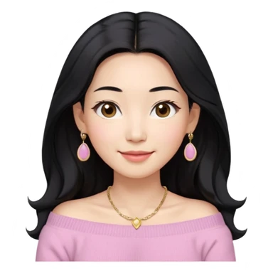 South Korean girl in her mid-thirties with long black hair and a middle part. She is wearing a baby pink, off the shoulder long sleeve knit sweater. She has small gold earrings and a gold necklace. She has brown eyes with narrow, mono lid shape and smiling with lips together sticker