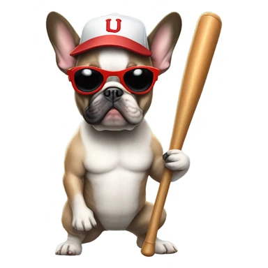 A French bulldog with a baseball bat and a baseball cap on with dark sunglasses sticker