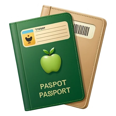 passport with protruding airline tickets, Apple emoji style, colors #173e12 and #c1a793, no text, simple shapes sticker