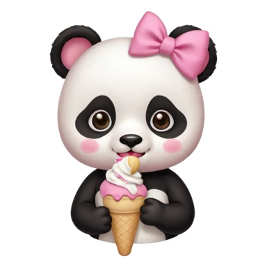 Cute chibi style girl Panda with eyelashes and big pink bow above ear eating and ice cream  sticker