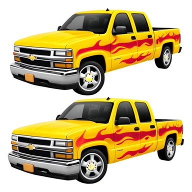 Yellow 1997 Chevrolet C-2500 Crew Cab Silverado with airbrushed red flame artwork on the hood and front fenders, custom painted flames like in Kill Bill movie, 30-degree view, iOS emoji style sticker