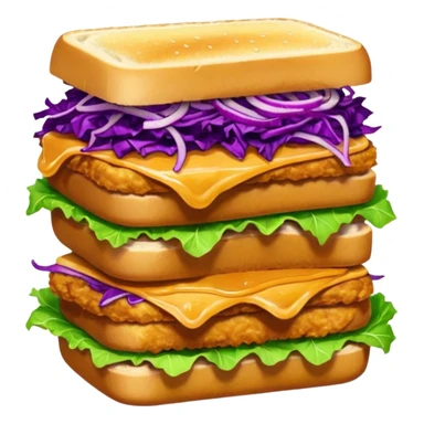 Spicy stacked chicken sandwich — two thick golden toast slices, a crispy breaded chicken fillet, green lettuce, and purple cabbage slaw, with glossy dark sauce dripping down the sides. sticker