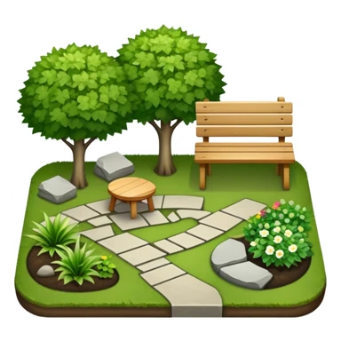Icon for Landscape Design: a garden layout with trees, plants, pathways, and outdoor furniture, along with design tools like a ruler, pencil and sketchpad. The icon should represent the creativity and planning behind landscape design. Transparent background. sticker