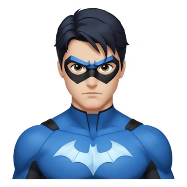 nightwing with white eyes, wearing nightwing uniform, analyzing evidence sticker