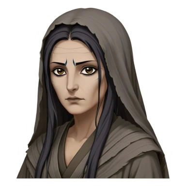 Mirri Maz Duur is a weathered, middle-aged Lhazareen woman with deep-set dark eyes, high cheekbones, and a sharp nose, giving her a stern, knowing expression. Her long, unkempt dark hair streaked with gray falls loosely over her shoulders, and her earth-toned, tattered robes mark her as a humble healer. Despite her frail appearance, she exudes an aura of mystery and menace, her hands stained with herbs and blood from both healing and dark sorcery. sticker