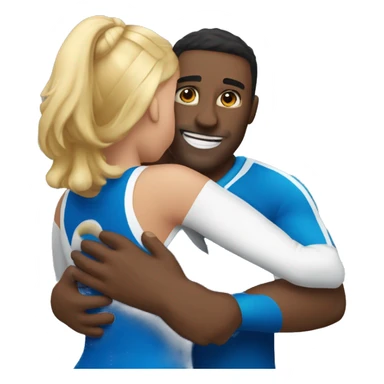 Cheerleader in blue gives a man a big hug sticker