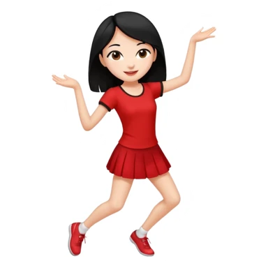Chicas esbelta con falda corta negra y top rojo,pelo semi largo negro y lacio  super feliz,pero bailando sticker