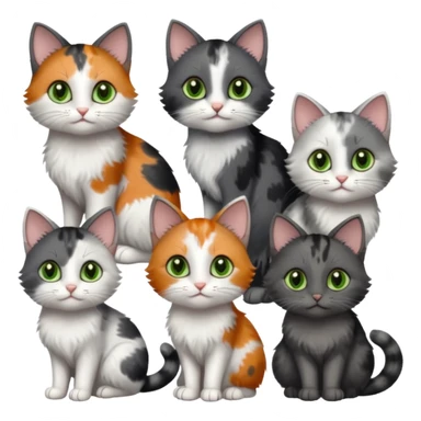 3 different coloured small cats including a dark grey and white, and a patchy calico with hazel eyes and a completely solid dark grey with green eyes and only white paws sticker
