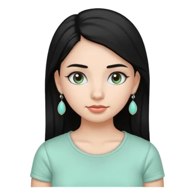 A girl emoji wearing  silver colour jhumka and light mint green colour tshirt with dark black hair sticker