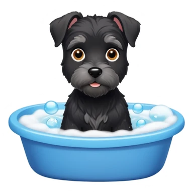 Black miniature schnauzer getting a bath in tub with soapy bubbles sticker