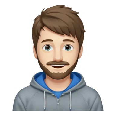 25 year old man, short scruffy beard and thin moustache, brown puffy mullet, blue eyes, big smile, white teeth, big lips, pronounced jaw, hair longer in back, sticking up on top, thin face, grey hooded sweatshirt, pale skin, big smile, blue eyes, puffy hair sticker