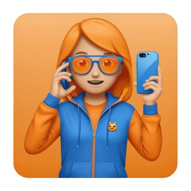 fun emoji-style character in a blue tracksuit, wearing dark sunglasses, holding hand to ear like a phone, playful energetic expression, orange misty background sticker