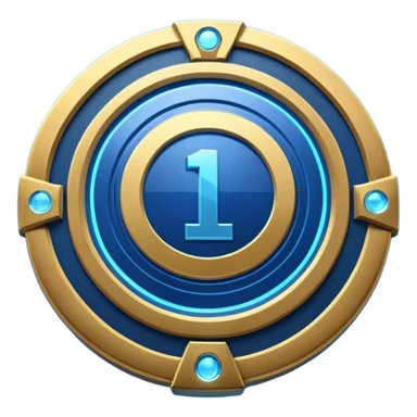 Futuristic achievement medal badge, circular shield emblem with engraved Roman numeral I and subtle “12M” detail, metallic gold and deep blue glow, sci-fi web3 game UI style, polished 3D game asset, soft energy aura, dark background, centered composition, high detail sticker