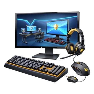An icon featuring a gaming setup with a high-tech monitor displaying a competitive game, a keyboard, and a gaming mouse. The design includes a headset and a trophy, symbolizing victory and skill in esports. Transparent background highlights the energy and precision of professional gaming. sticker