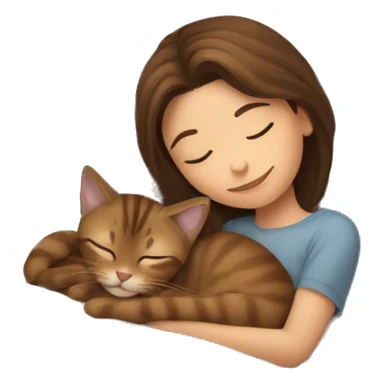brown haired girl sleeping with tabby brown cat in bed sticker