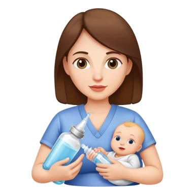 Mother holding a baby bottle with milk and a vaccine syringe sticker