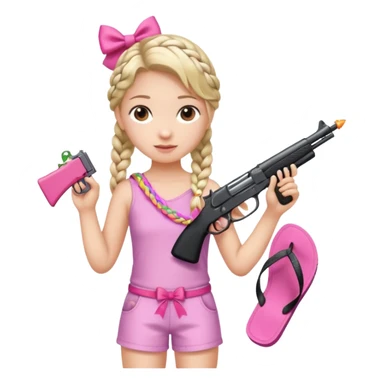 A girl who has a braid on one should and has a flipflop in one hand that has a bow while in the other hand she has a gun with a bow  sticker
