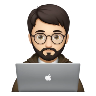 23 year old Azerbaijani man with very dark brown hair and beard with glasses and laptop , light yellow skin face, not European, glasses like a harry potter sticker