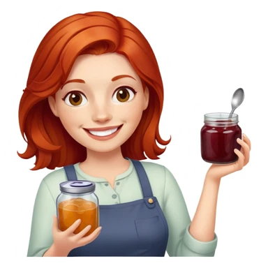 redhead woman with big smile holding a glass jar with jam in one hand and a little spoon with jam in other hand sticker