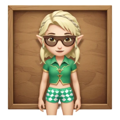 elf female legolas portrait, patterned board shorts (geometric/abstract), unique wooden-framed sunglasses, undercut hairstyle, slight smirk, visible pointy ears, no background, centered emoji, hipster summer vibe sticker